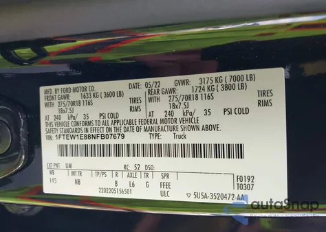 2022 Ford F-150 Tremor z USA, uszkodzony, nr VIN 1FTEW1E88NFB07679